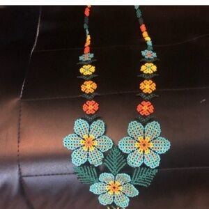 Mexican style turquoise coral + yellow beaded flower  necklace awesome colors